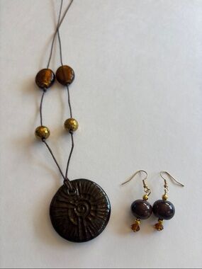 Handcrafted Brown Ceramic Pendant Necklace with Matching gold tone hook Earrings